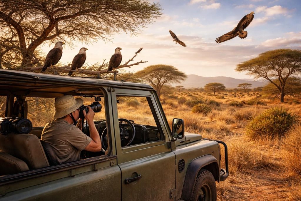 découvrez l'observation des rapaces en toute sécurité depuis votre véhicule avec notre safari photographique en land rover defender, une expérience unique et immersive en pleine nature.