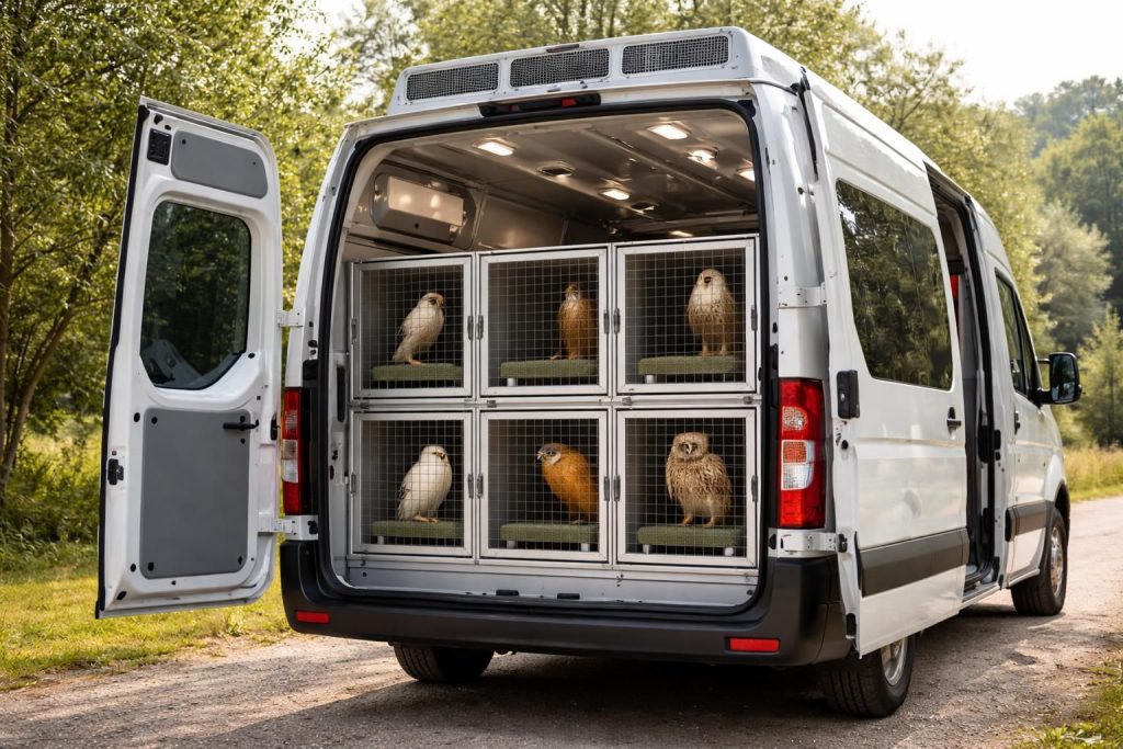 service de transport animalier spécialisé pour rapaces en france, avec véhicule climatisé et cages agréées assurant sécurité et confort optimal.